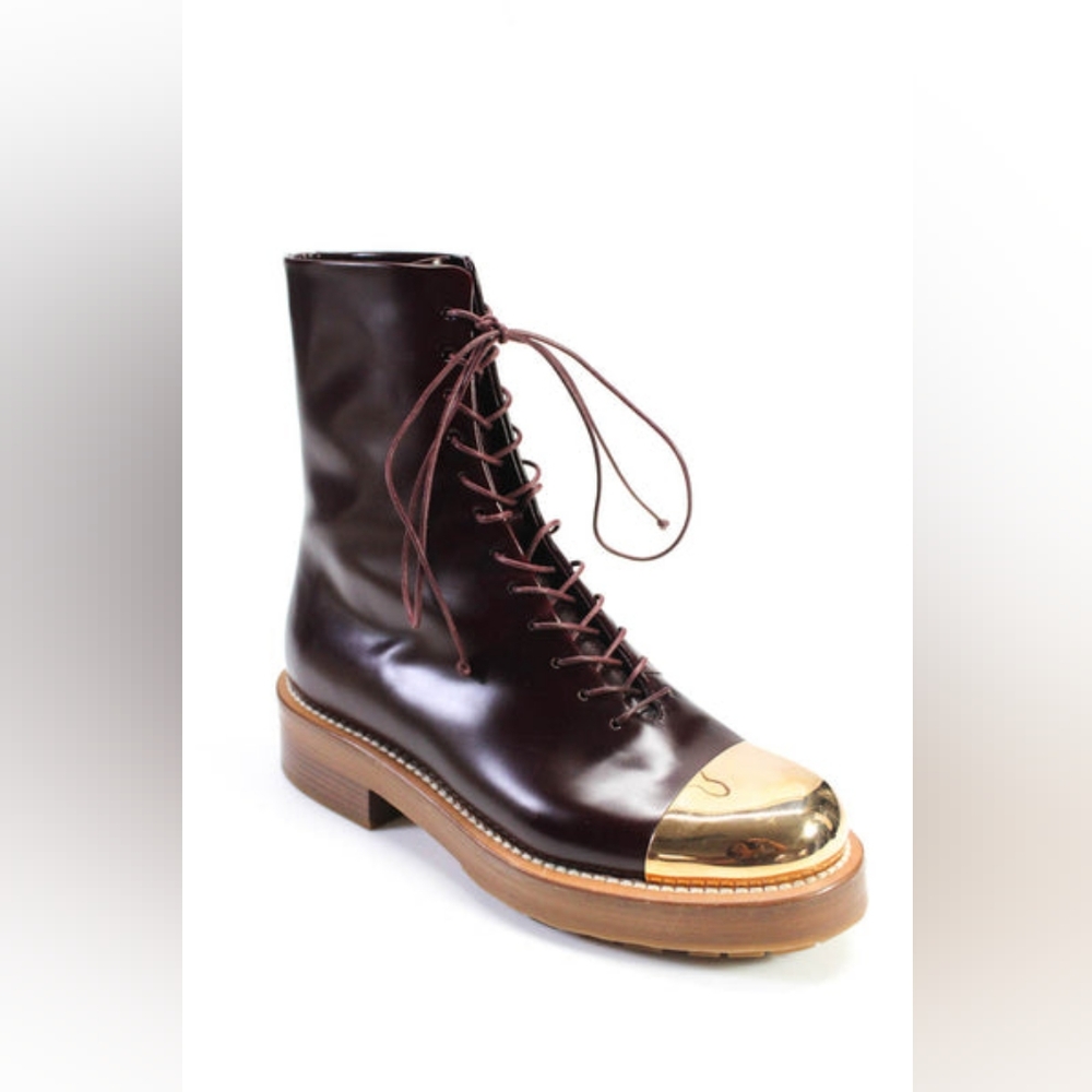 New no box rare sz 42 Gabriela Hearst burgundy boots with golden metal captoe - Picture 1 of 10